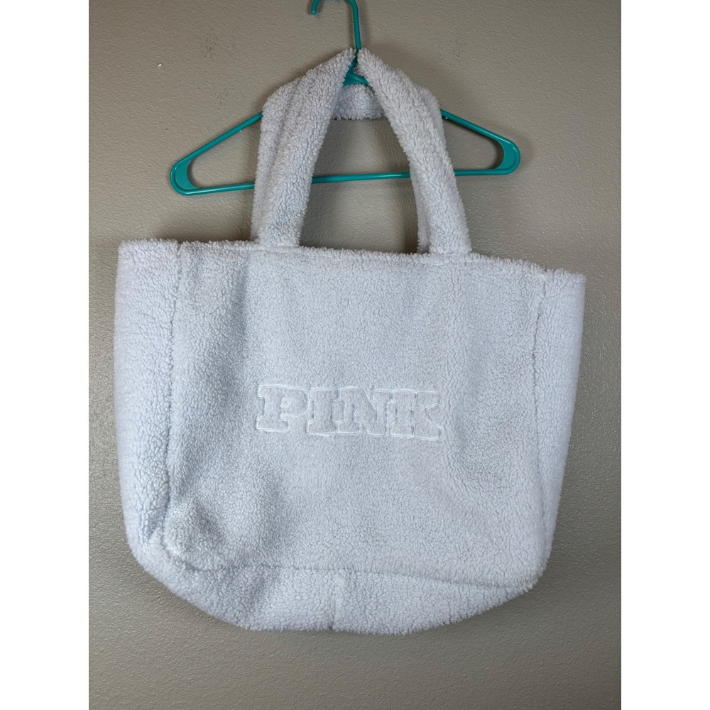 Victoria's Secret PINK Sherpa Fleece Tote Bag Light Blue Embroidered Logo Zip